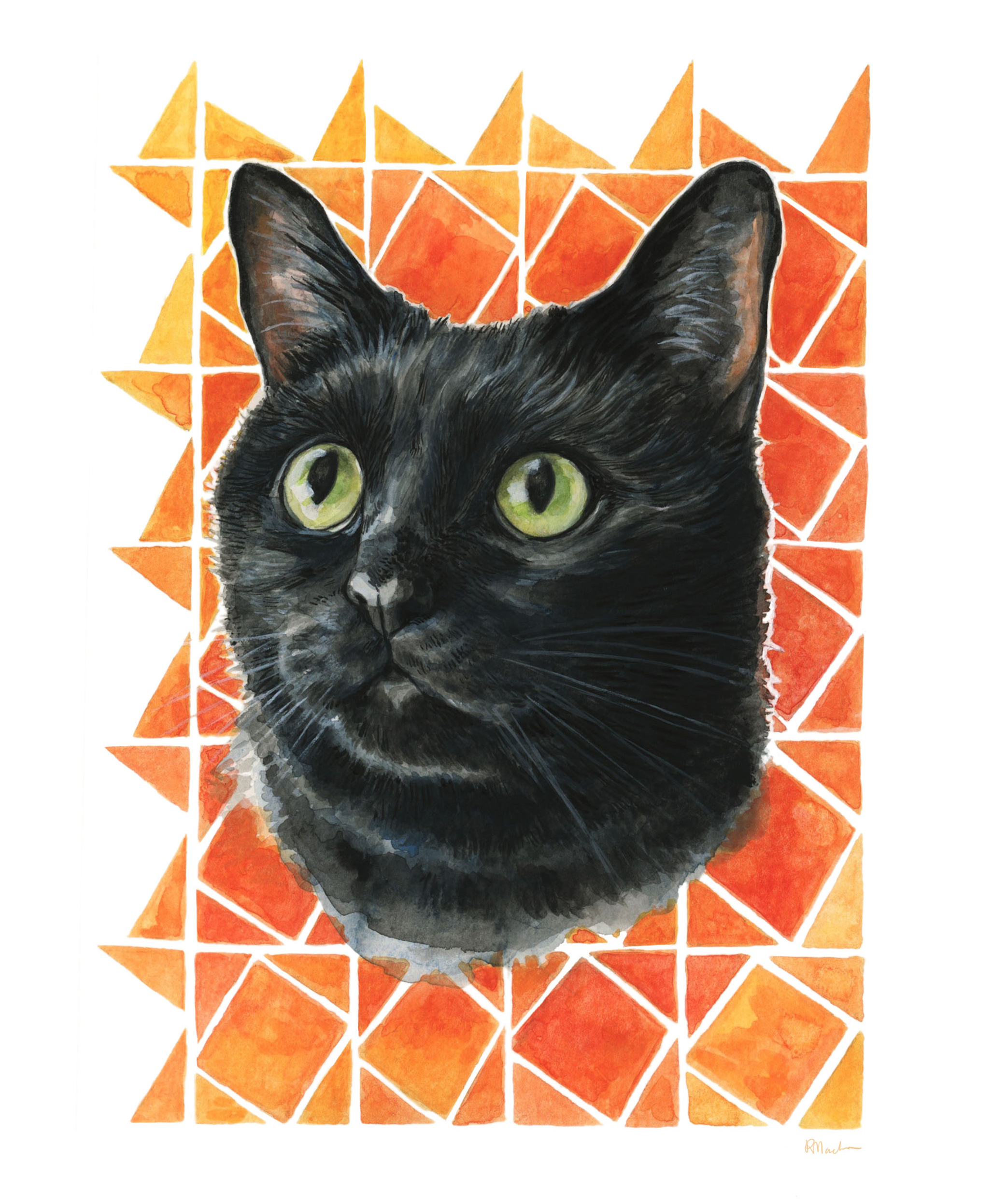 watercolour painting of a black cat's face against a patterned background with orange geometric shapes