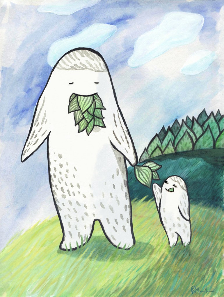 illustration of a large monster creature with a mouth full of leaves handing a leaf to a small monster creature while they walk on a field.