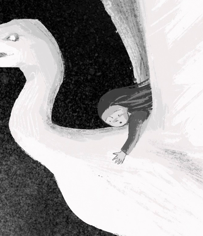 black and white illustration, close up of girl's face while she is riding a large bird.