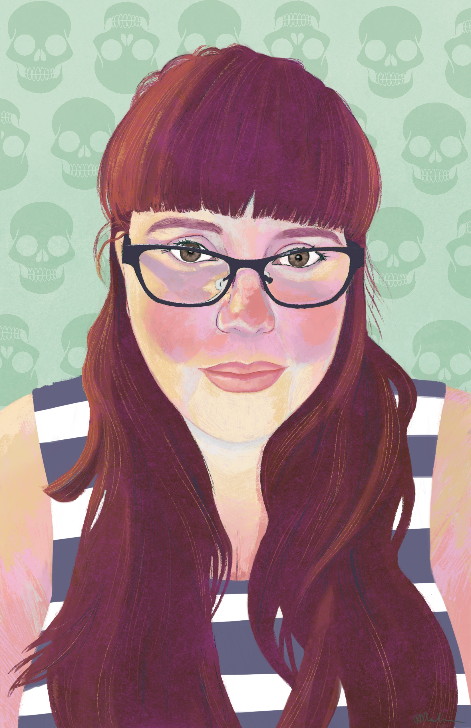 Digital painting of Amber Dawn. She is Caucasian with long red hair and black glasses. She is wearing a white and navy sleeveless top. The background is pastel green with darker green skulls.