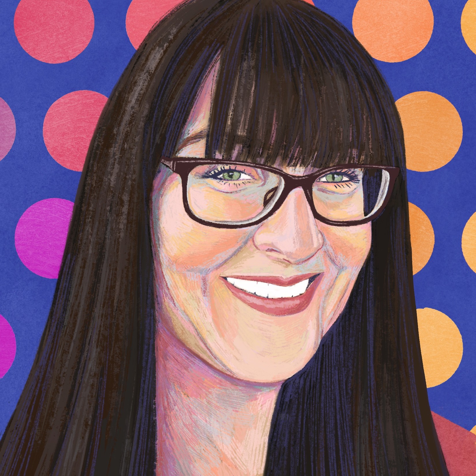 A digital painting of Bridgette. A smiling Caucasian woman with long dark brown hair, bangs and black glasses. She wears a coral coloured shirt. The background is a pink and orange polkadot pattern with purple underneath.