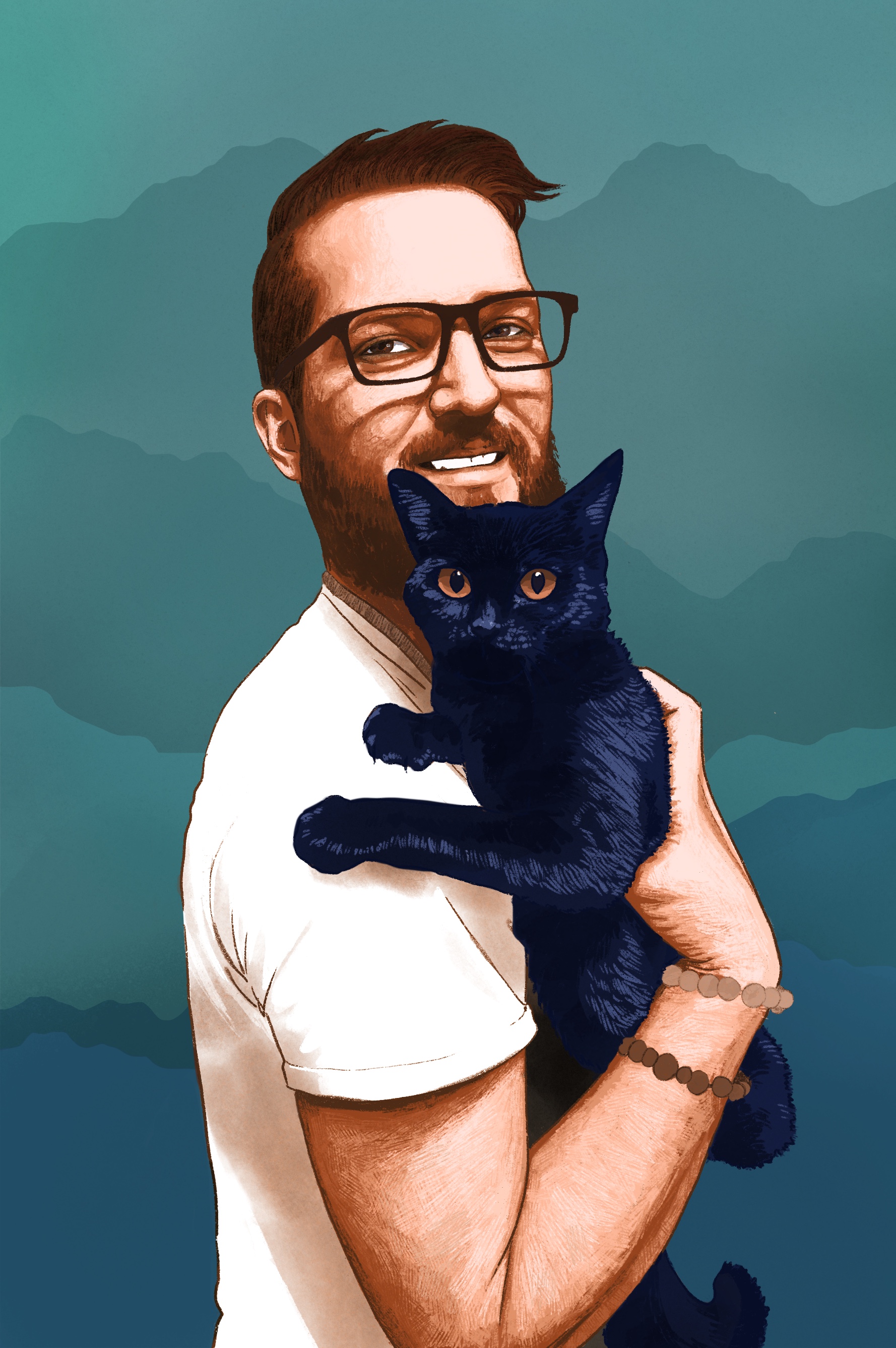 Digital illustration of George, a young Caucasian man who is holding his cat, and whose upper body and face are pictured. He is facing to the right and his face is turned to the viewer, smiling. He wears glasses and has short hair, and a moustache and beard. He wears a white t shirt and two beaded bracelets. He is rendered in warm brown and peach tones. His cat is rendered in dark blues with orangey brown eyes. The backrgound is decorative with blues and greens and the shapes of mountain ridges.