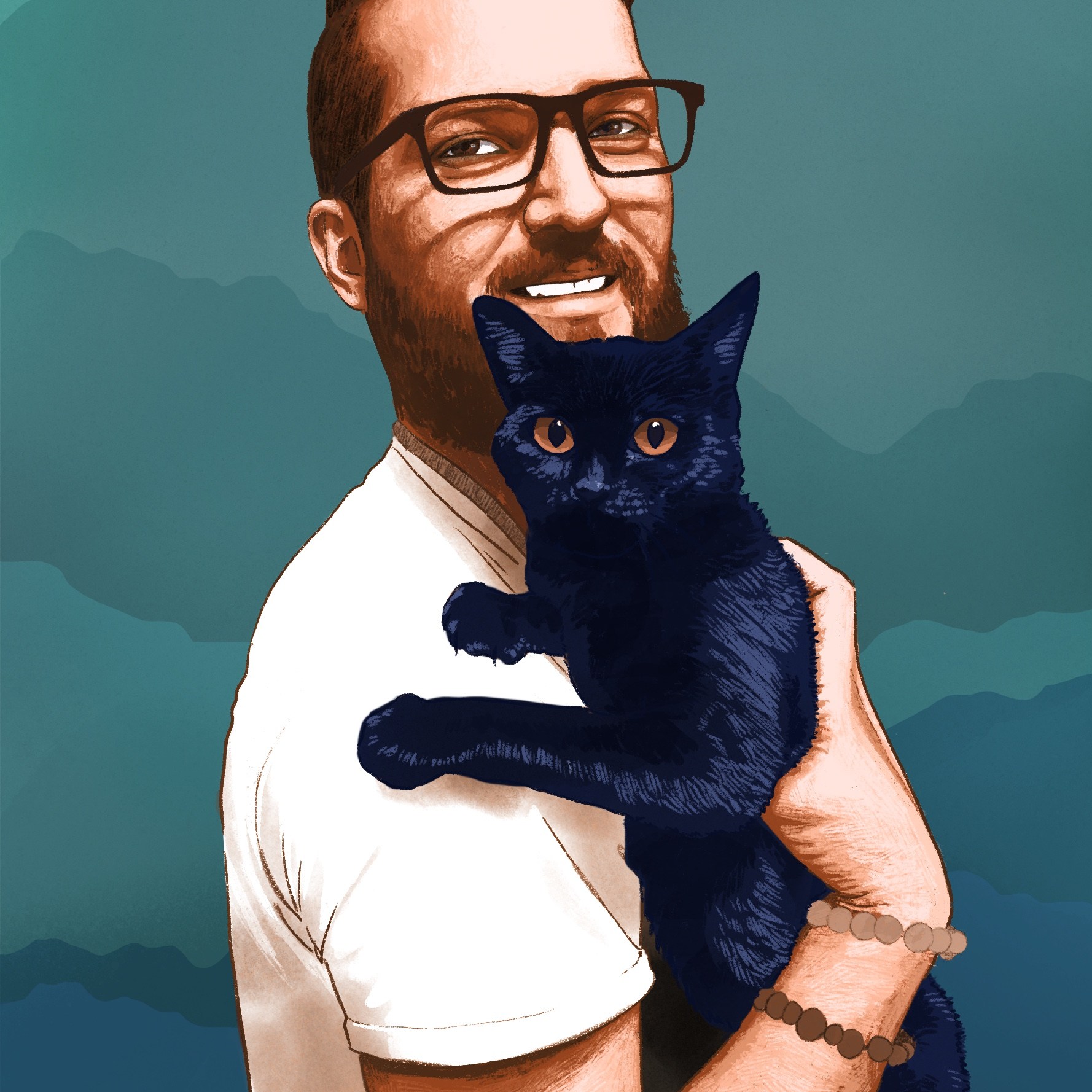 Digital illustration of George, a young Caucasian man who is holding his cat, and whose upper body and face are pictured. He is facing to the right and his face is turned to the viewer, smiling. He wears glasses and has short hair, and a moustache and beard. He wears a white t shirt and two beaded bracelets. He is rendered in warm brown and peach tones. His cat is rendered in dark blues with orangey brown eyes. The backrgound is decorative with blues and greens and the shapes of mountain ridges.