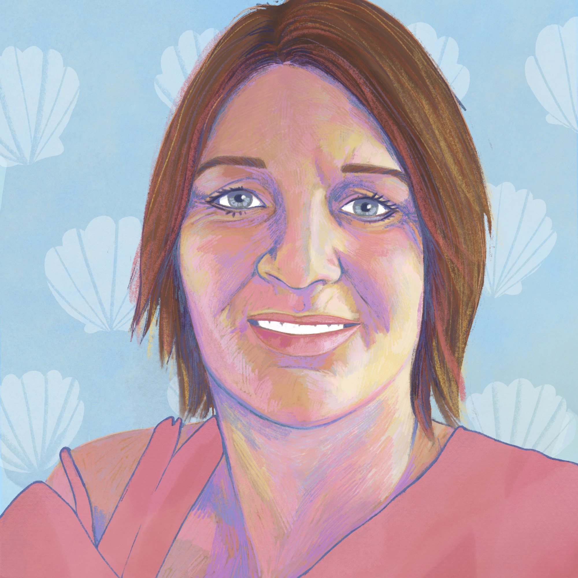 Digital painting of Jenn, a young woman of Asian descent. She is looking away from the camera with a thoughtful expression and her hands resting on her lap.. She has long black her falling past her shoulders and is wearing a cream and yellow striped button-up shirt with a dark blue unbuttoned cardigan overtop and brown pants.. The background is a brown yellow and green striped design.