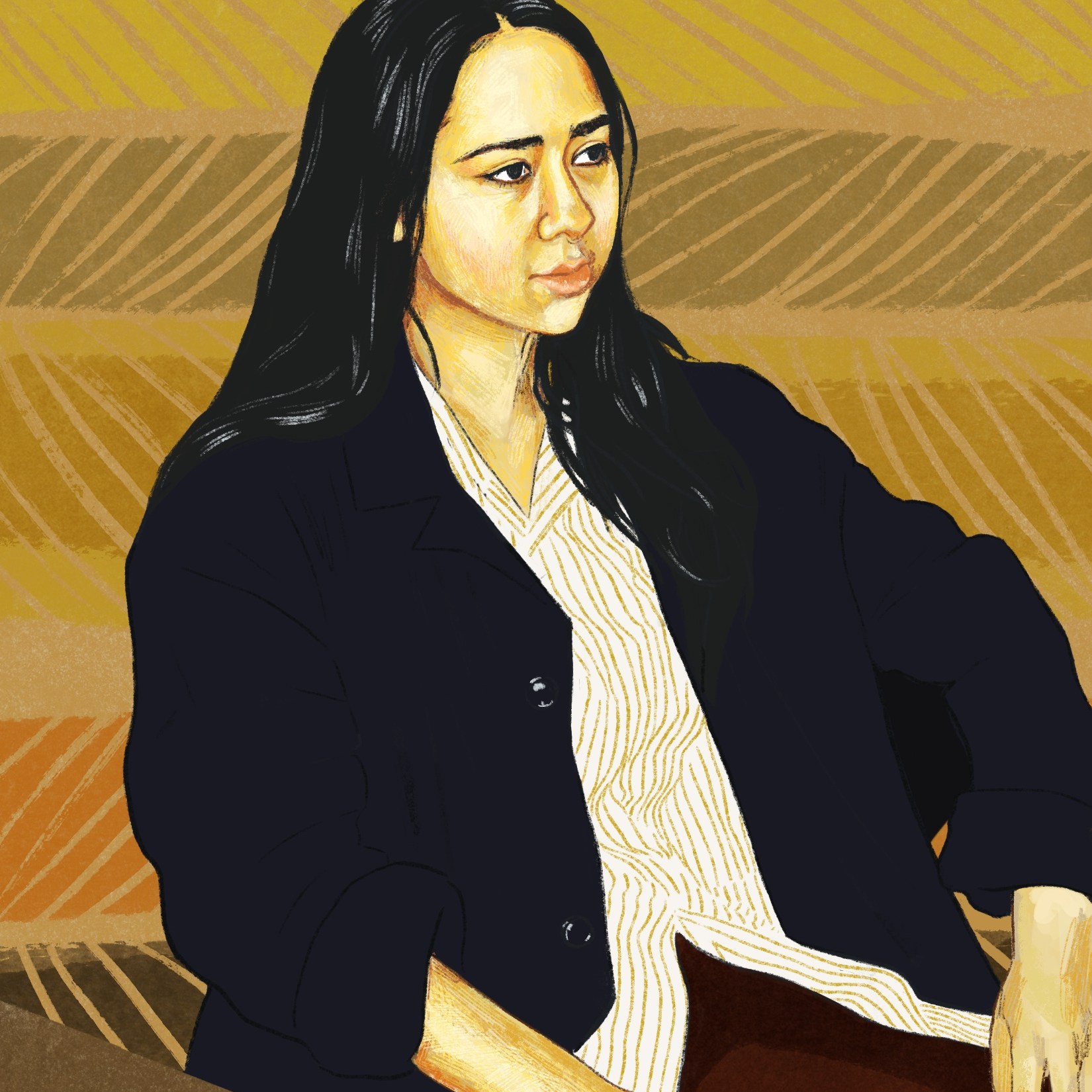 Digital painting of Jenn, a young woman of Asian descent. She is looking away from the camera with a thoughtful expression and her hands resting on her lap.. She has long black her falling past her shoulders and is wearing a cream and yellow striped button-up shirt with a dark blue unbuttoned cardigan overtop and brown pants.. The background is a brown yellow and green striped design.