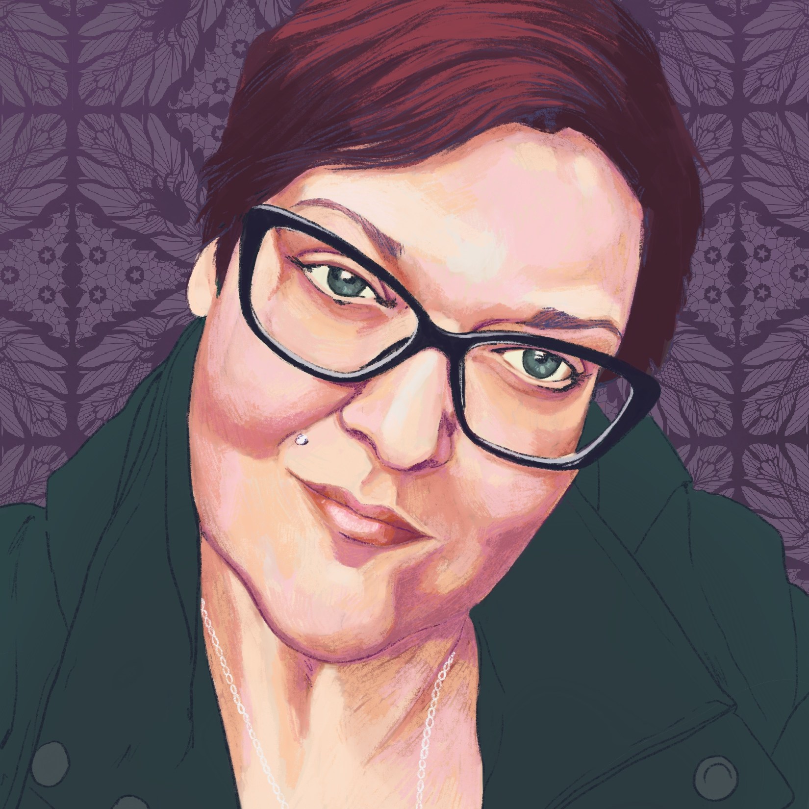 Digital painting of Kelly. She is smiling with her mouth closed and her head tilted. She is Caucasian with brown short hair, black glasses and a dark green coat. The background is dark purple with a darker purple abstract design.