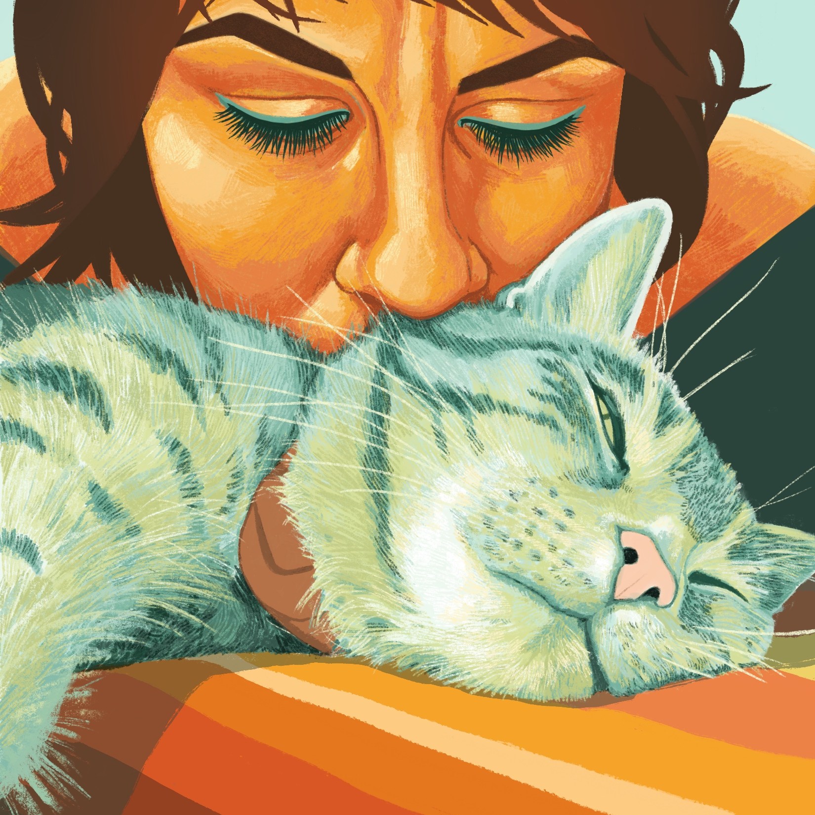 Lindsay is a Caucasian woman with brown hair, and she is rendered in shades of yellow and orange. She is looking down at and kissing the top of her cat's head, who is rendered in shades of green and lying on a blanket striped in shades of orange, yellow and brown.