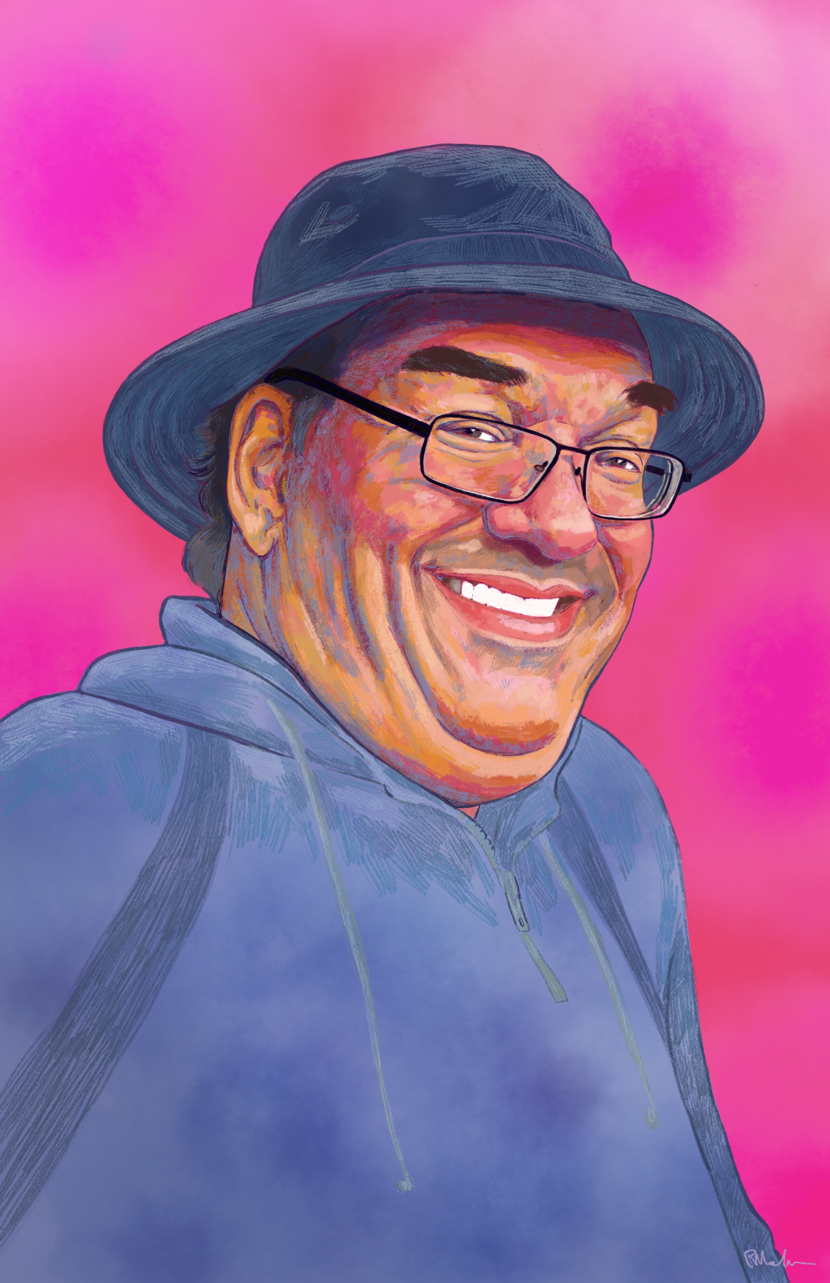 Digital painting of Matthew's face and shoulders. Matthew is a middle aged Cuacasian man with dark hair. He is wearing a bucket hat and hoodie in shades of navy blue, as well as glasses, and is smiling at the viewer. The background is decorative in reds and pinks.