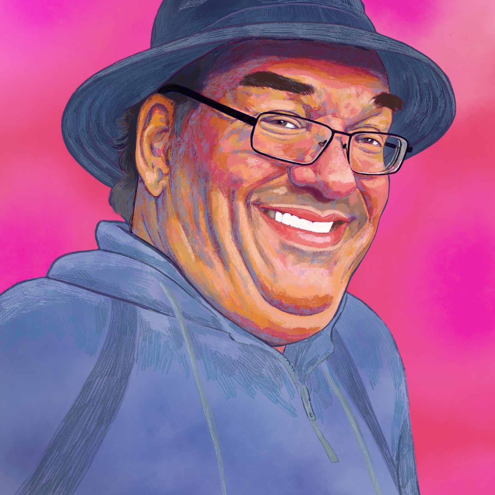 Digital painting of Matthew's face and shoulders. Matthew is a middle aged Cuacasian man with dark hair. He is wearing a bucket hat and hoodie in shades of navy blue, as well as glasses, and is smiling at the viewer. The background is decorative in reds and pinks.