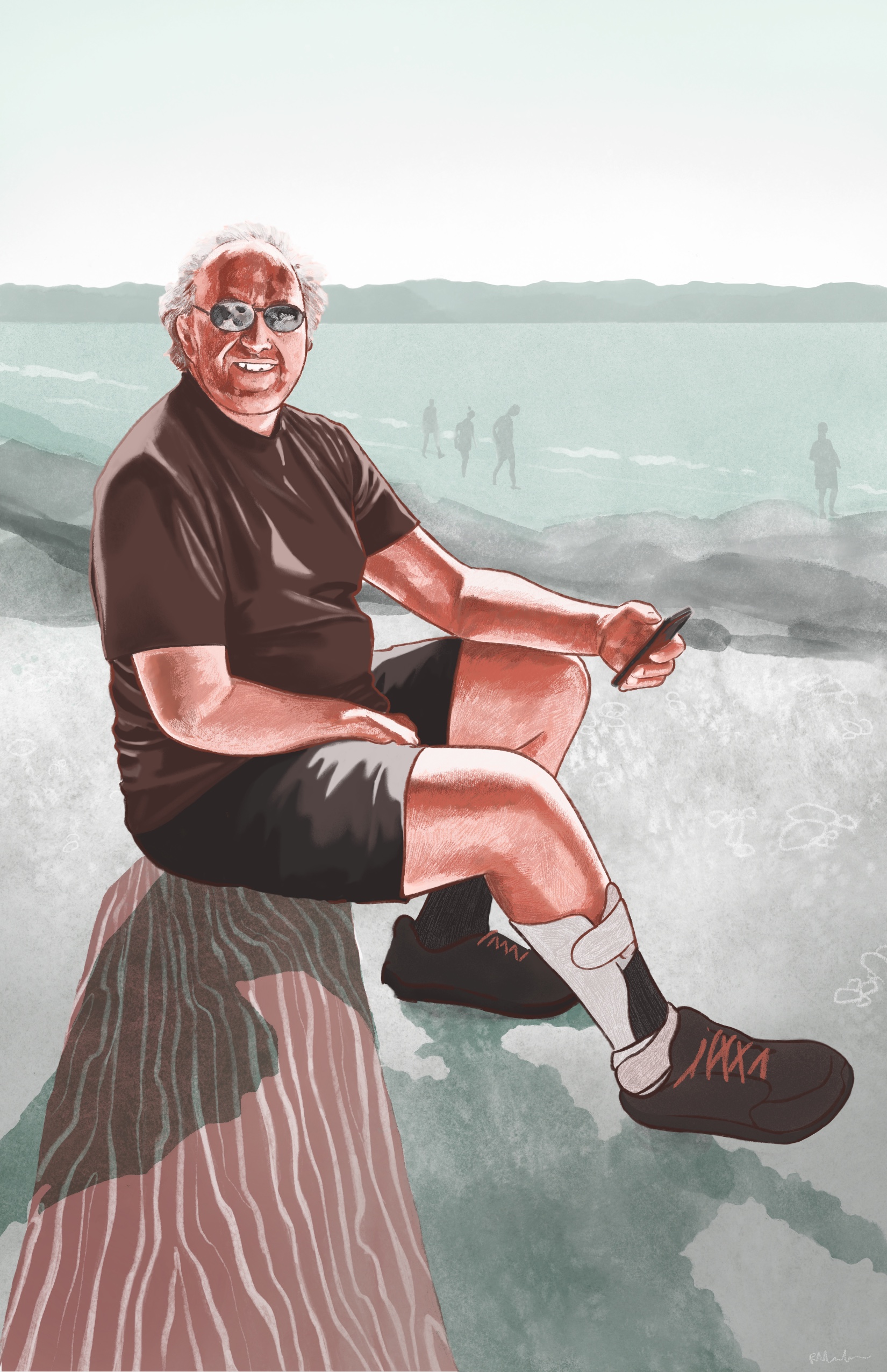 Digital watercolour painting of Michael rendered in reddish browns for Michael and light green - grey for the background. Michael smiles at the camera while he sits on a log at the beach. His phone is in his left hand and his right hand is in his lap. Behind him is the ocean and mountains, and some people walking in the distance. He is middle aged, Caucasian, and wears sunglasses, a brown t-shirt, black shorts, dark running shoes and a an orthotic leg brace on his right leg. He is bald with gray and white hair.