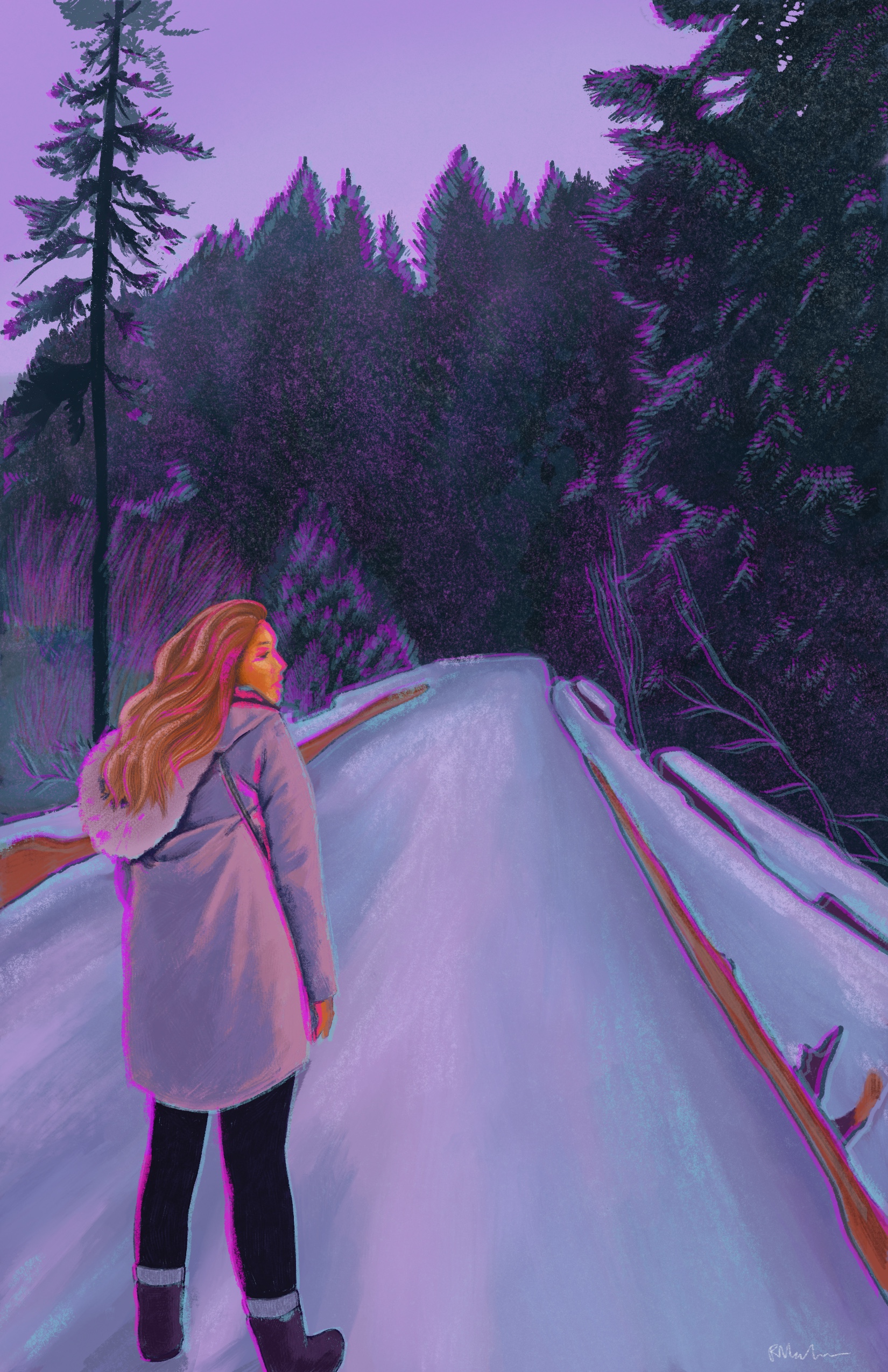 A digital painting of Nora, who stands facing away from us and looking to her right on a snow covered bridge leading into a forest of Evergreen trees. It is early evening and the sky is light purple, the snow is shades of purple and blue. Nora is a young Indigenous woman with long brown hair, wearing a fur trimmed hooded grey coat, with a purse strap visible on her right side. She wears black pants and dark boots that are just above her ankle with grey socks. The entire image is slightly blurry with edges of bright magenta and light blue adding additional outlines to Nora and the objects in the image.