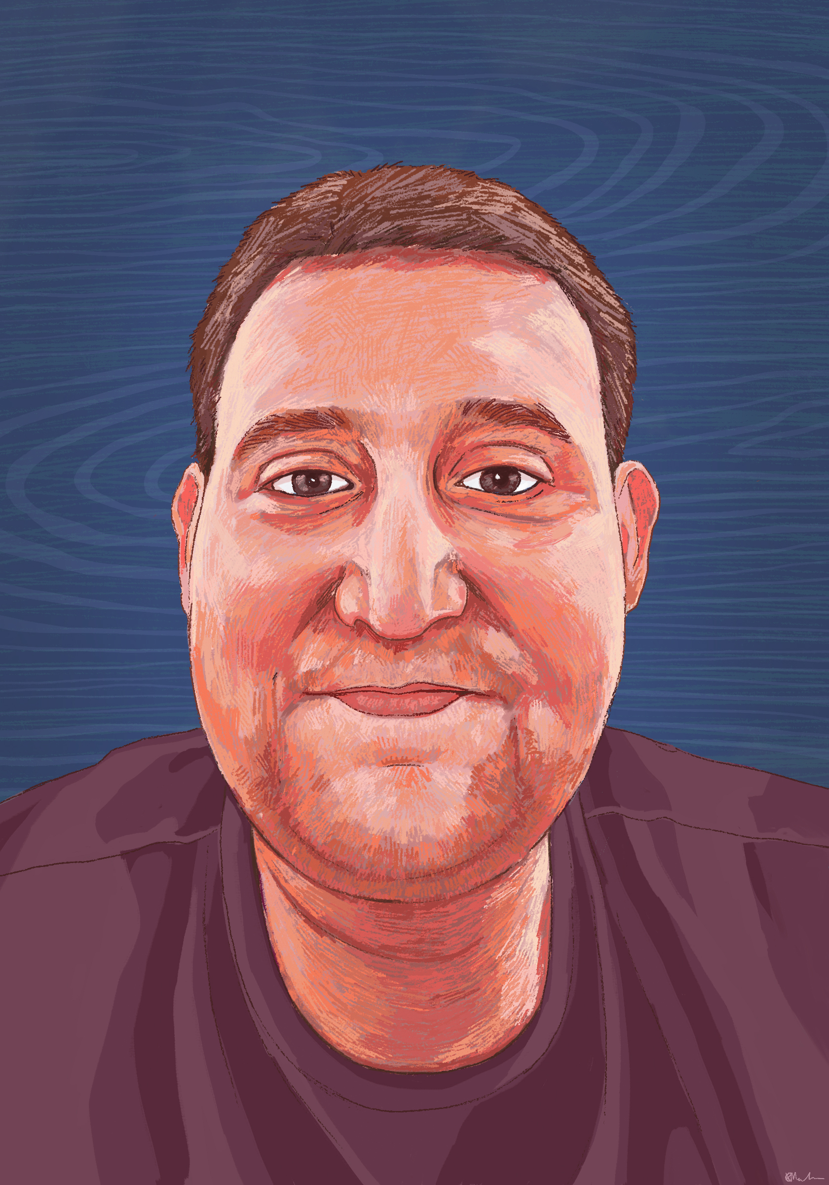 A digital painting of Sheldon, a young Caucasian man with short brown hair, brown eyes and light stubble on his chin, whose face and shoulders are pictured. He is wearing a purpleish brown shirt. He is giving a slight closed mouth smile. His skin is rendered in shades of coral. The background is decorative navy blue, with a wood grain pattern.