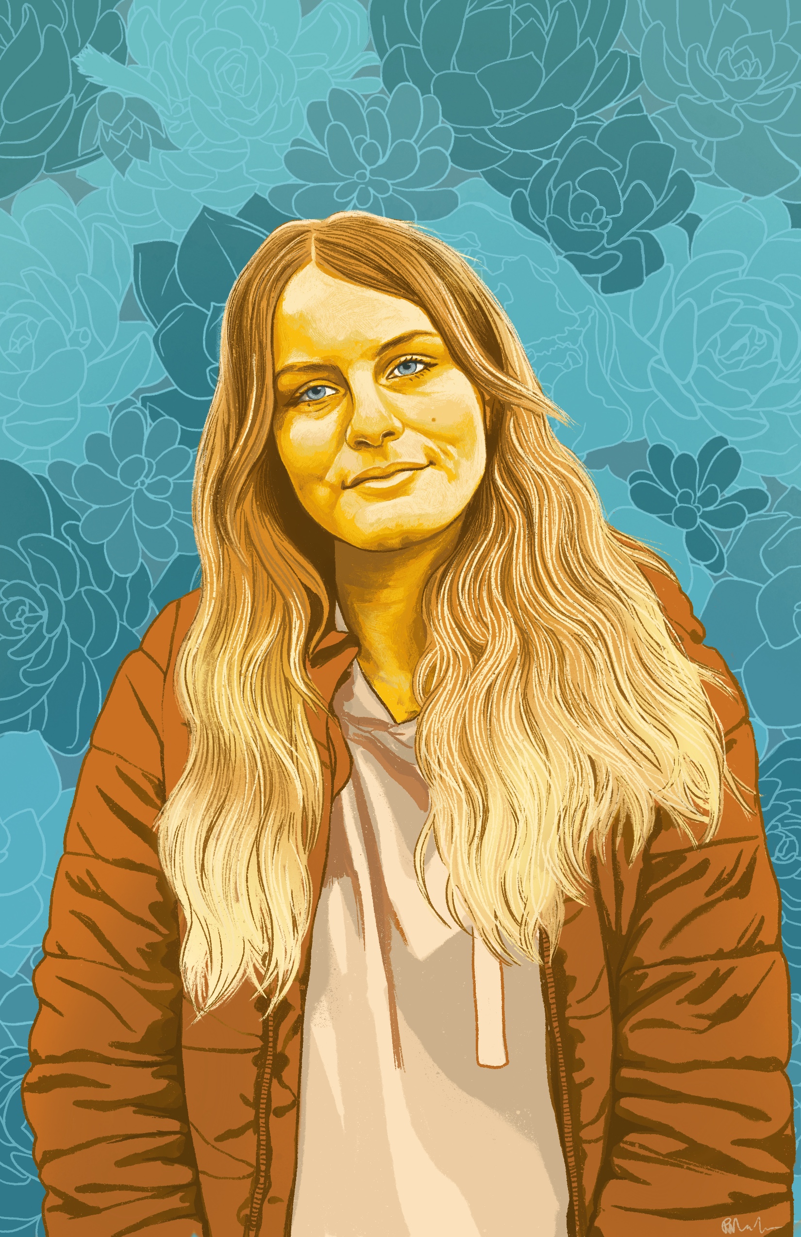 Digital painting of Vanessa, a young Caucasian woman with long wavy hair. Vanessa and her clothes are rendered in shades of orange, brown and warm yellow. Her head is tilted slightly to the left and her mouth is closed giving a very slight smile. She wears an unzipped coat over a hoody. Her eyes are light turquoise. The background is decorative with outlines of succulents in different shades of turquoise. ⁠⠀
