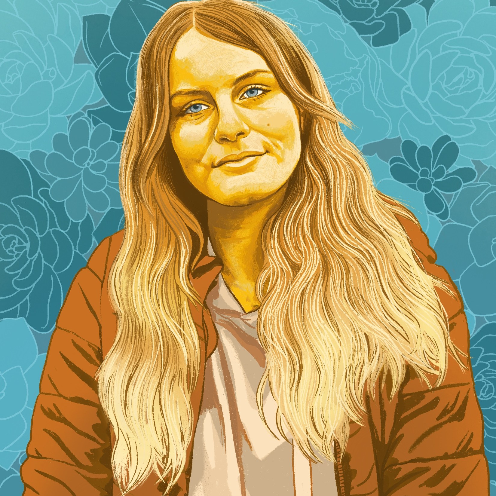 Digital painting of Vanessa, a young Caucasian woman with long wavy hair. Vanessa and her clothes are rendered in shades of orange, brown and warm yellow. Her head is tilted slightly to the left and her mouth is closed giving a very slight smile. She wears an unzipped coat over a hoody. Her eyes are light turquoise. The background is decorative with outlines of succulents in different shades of turquoise. ⁠⠀