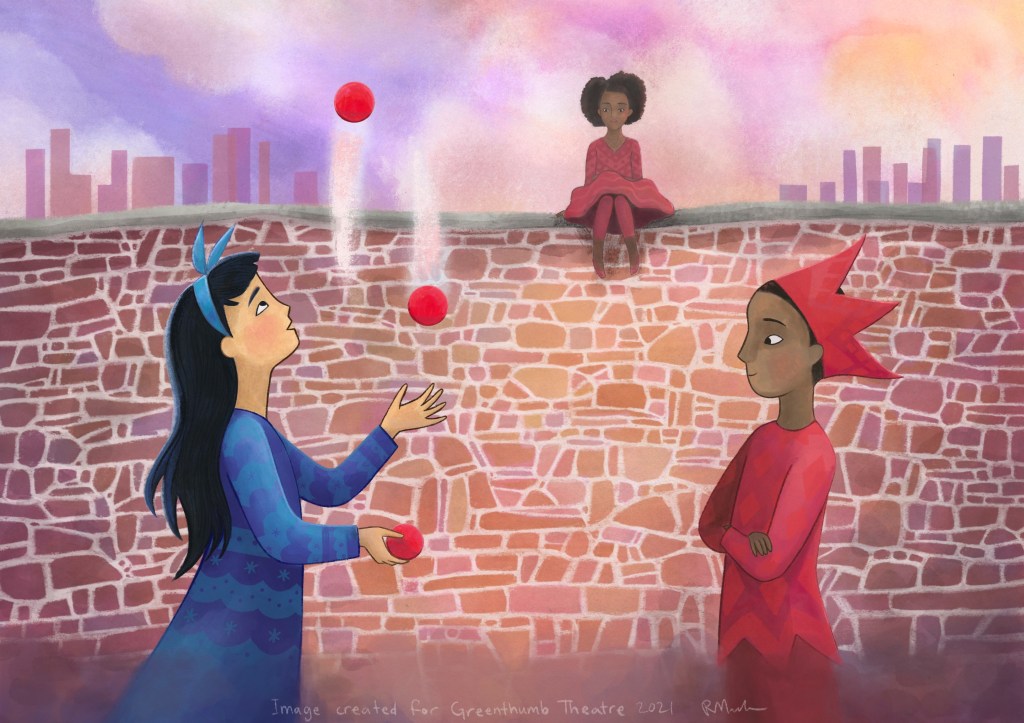 a girl wearing blue juggles while a boy wearing red watches. Behind them is a brick wall, which another girl wearing red sits on top of.