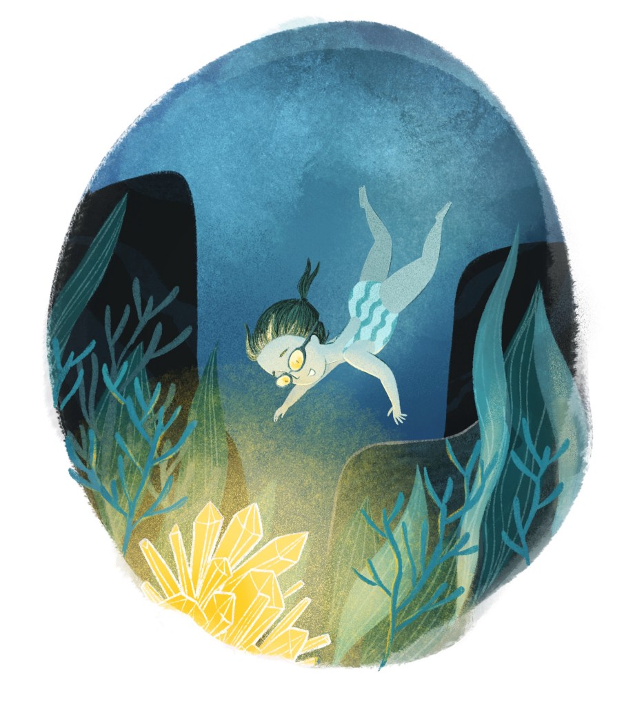 Digital illustration of a young girl with fair skin swims towards the ocean floor where there are glowing yellow crystals. She is wearing goggles and a white and blue striped swimsuit, and her hair is in a ponytail. There is seaweed and rocks around her. The dominant colours besides the crystals are blue and green.