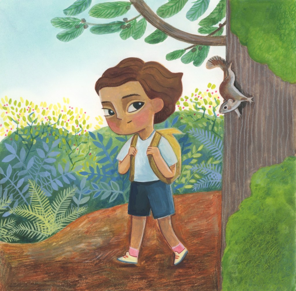 gouache painting, a girl walks through the woods, wearing a backpack. She smiles slightly,  looking at a squirrel, who is climbing down a tree. She has a medium light complexion, short wavy brown hair, and wears a t shirt, shorts and running shoes. 